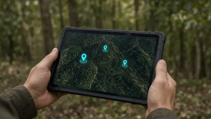 Tablet on the forest floor showing a truffle map with GPS targets